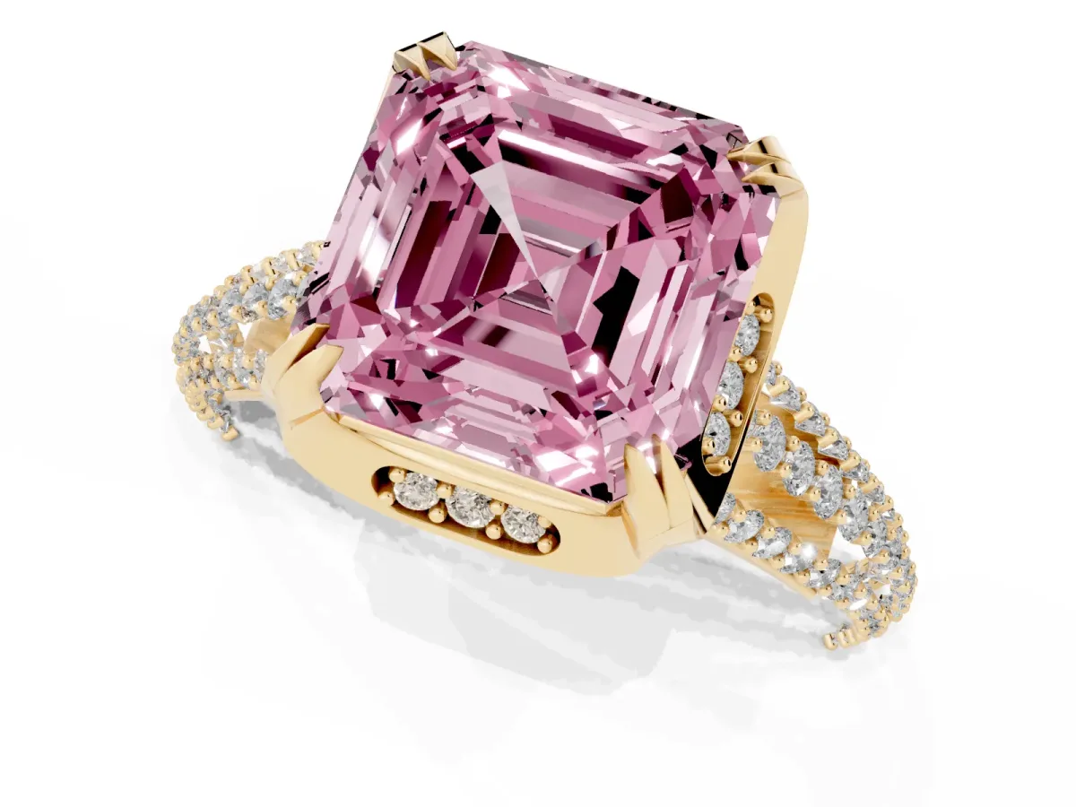 Fancy Pink Asscher Cut Solitaire Pave Split Shank Ring with Four-Prong Setting Yellow gold