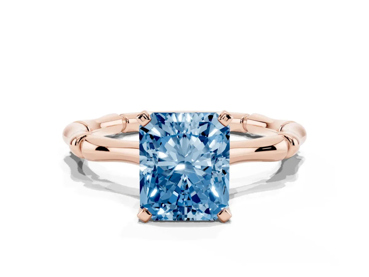 Fancy Blue Radiant Cut Solitaire Diamond Ring with Bamboo Band and Four-Prong Setting Rose gold