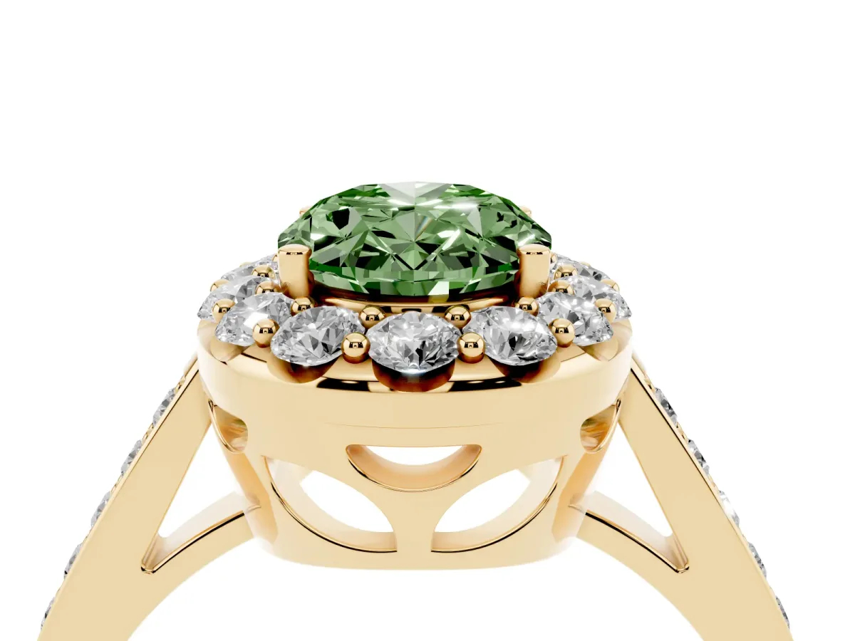 Fancy Green Oval Cut Diamond Floral Halo Ring with Pavé Band and Prong Setting Yellow gold