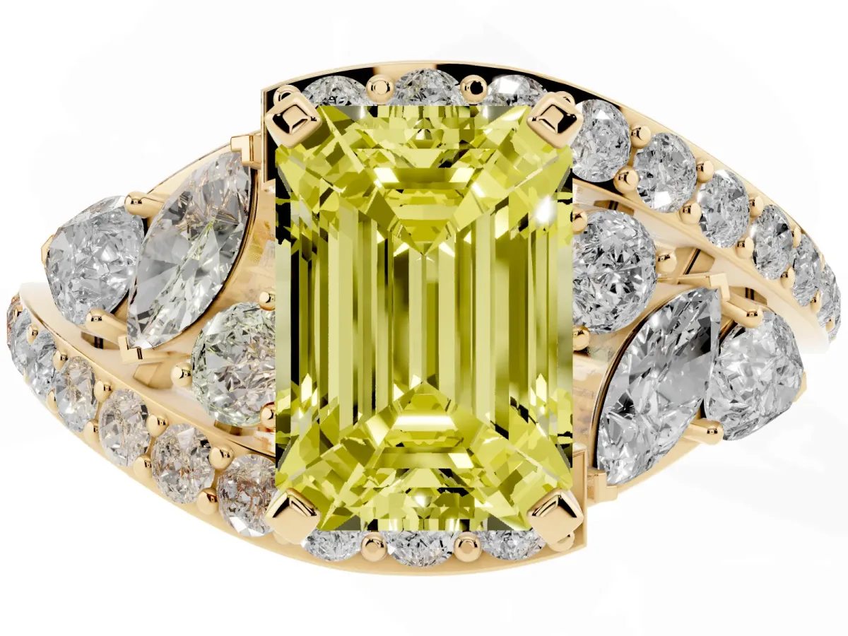 Fancy Yellow Emerald Cut Diamond Halo Ring with Marquise and Pavé Band in Prong Setting Yellow gold