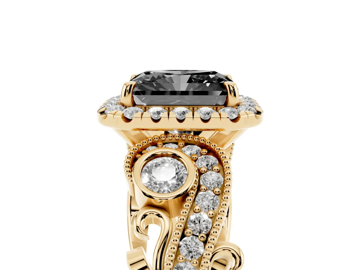 Fancy Black Radiant Cut Halo Diamond Ring with Milgrain and Bezel Accents on a Split Shank Band Yellow gold