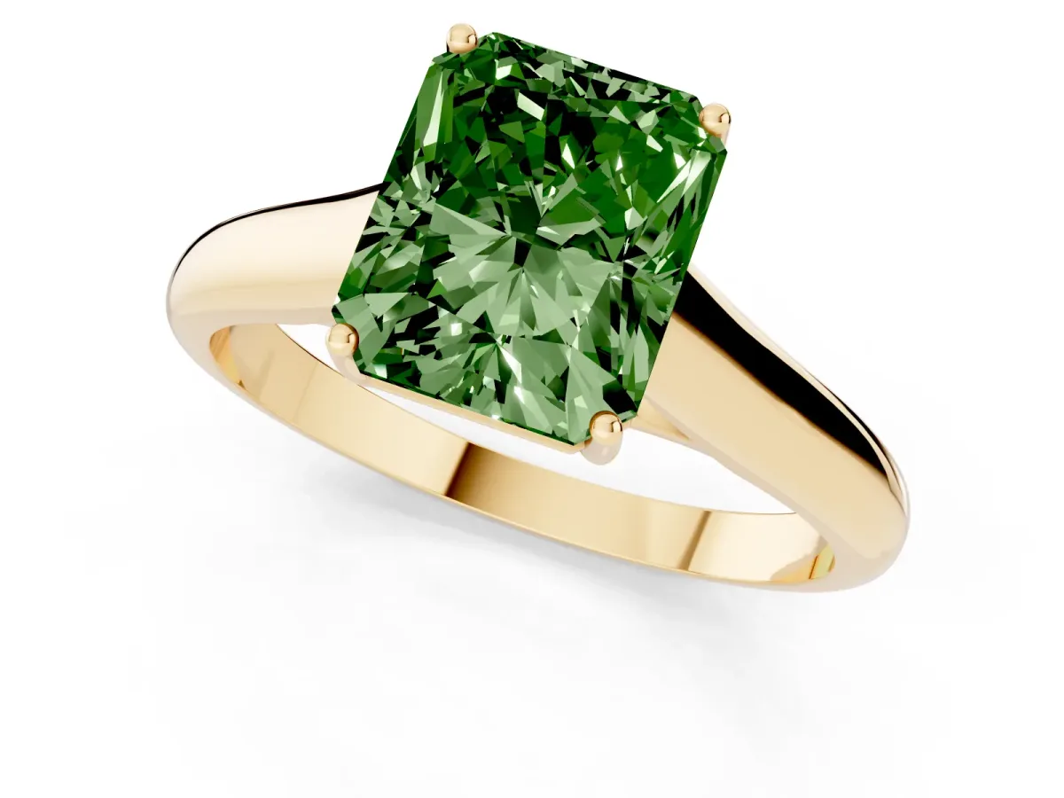 Fancy Green Radiant Cut Solitaire Engagement Ring with Tapered Band and Four-Prong Setting Yellow gold