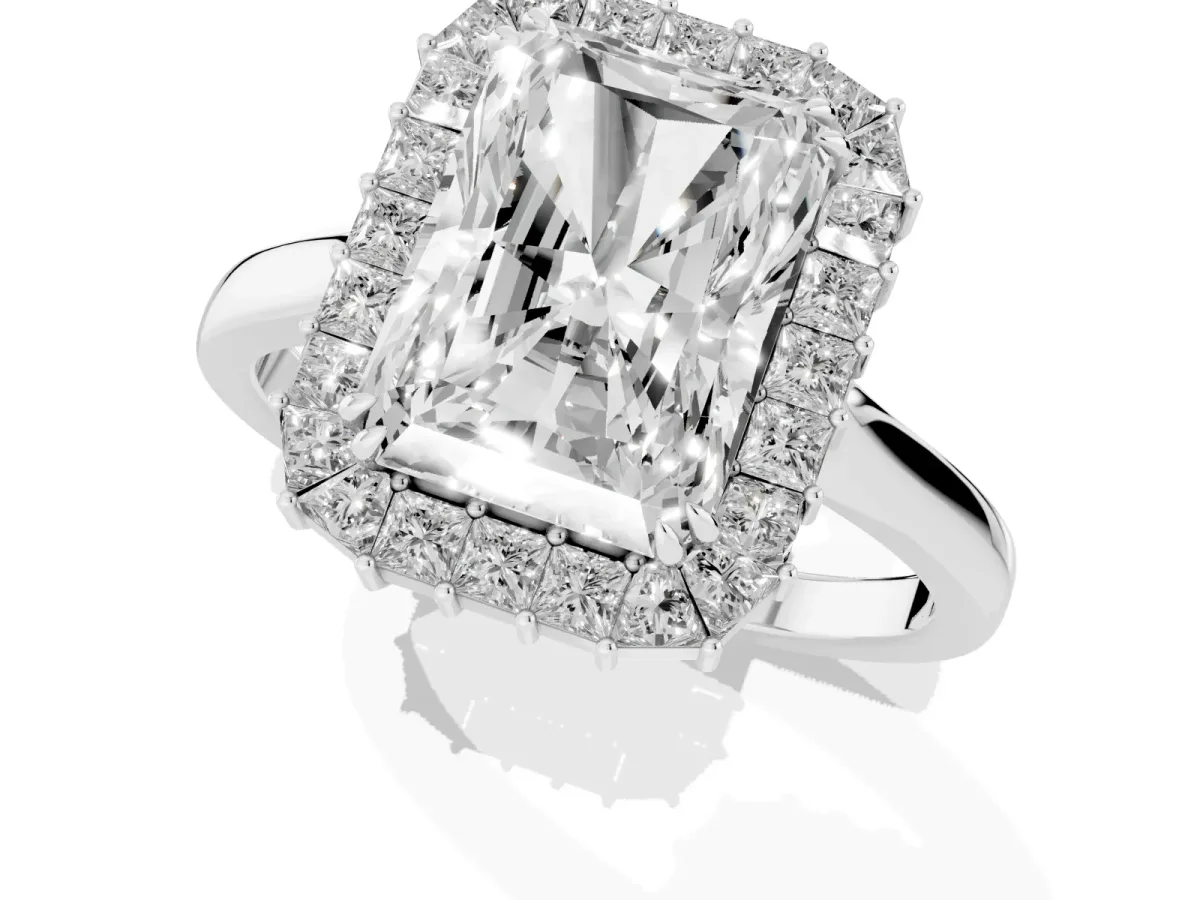 Radiant Diamond Baguette Halo Engagement Ring Silver