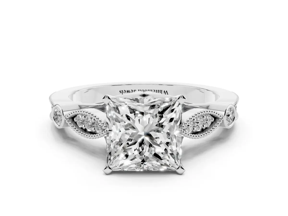 Princess Cut Cut Diamond with Milgrain Marquise and Bezel Accents on a Solitaire Band with Prong Setting Platinum