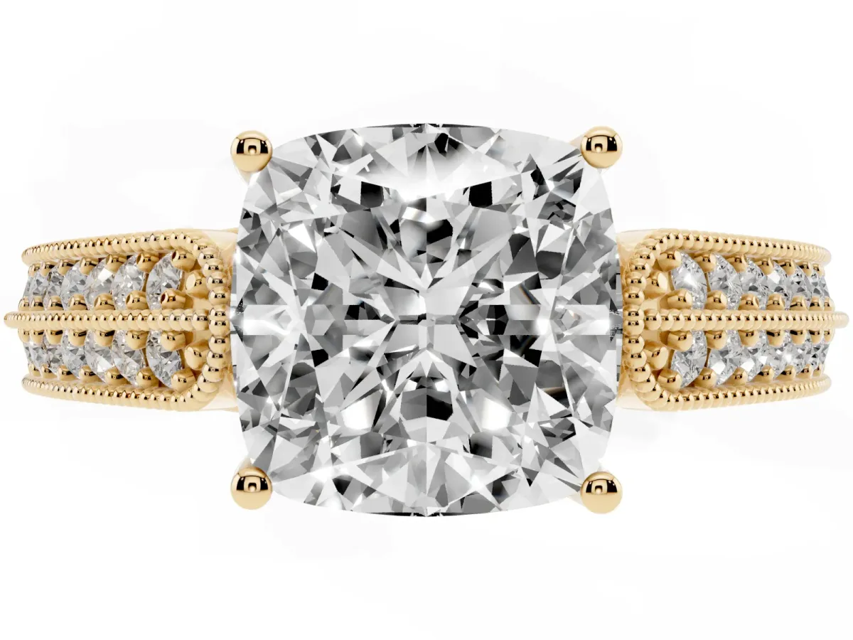 Cushion Cut Cut Pave Split Shank Engagement Ring with Four-Prong Setting Yellow gold