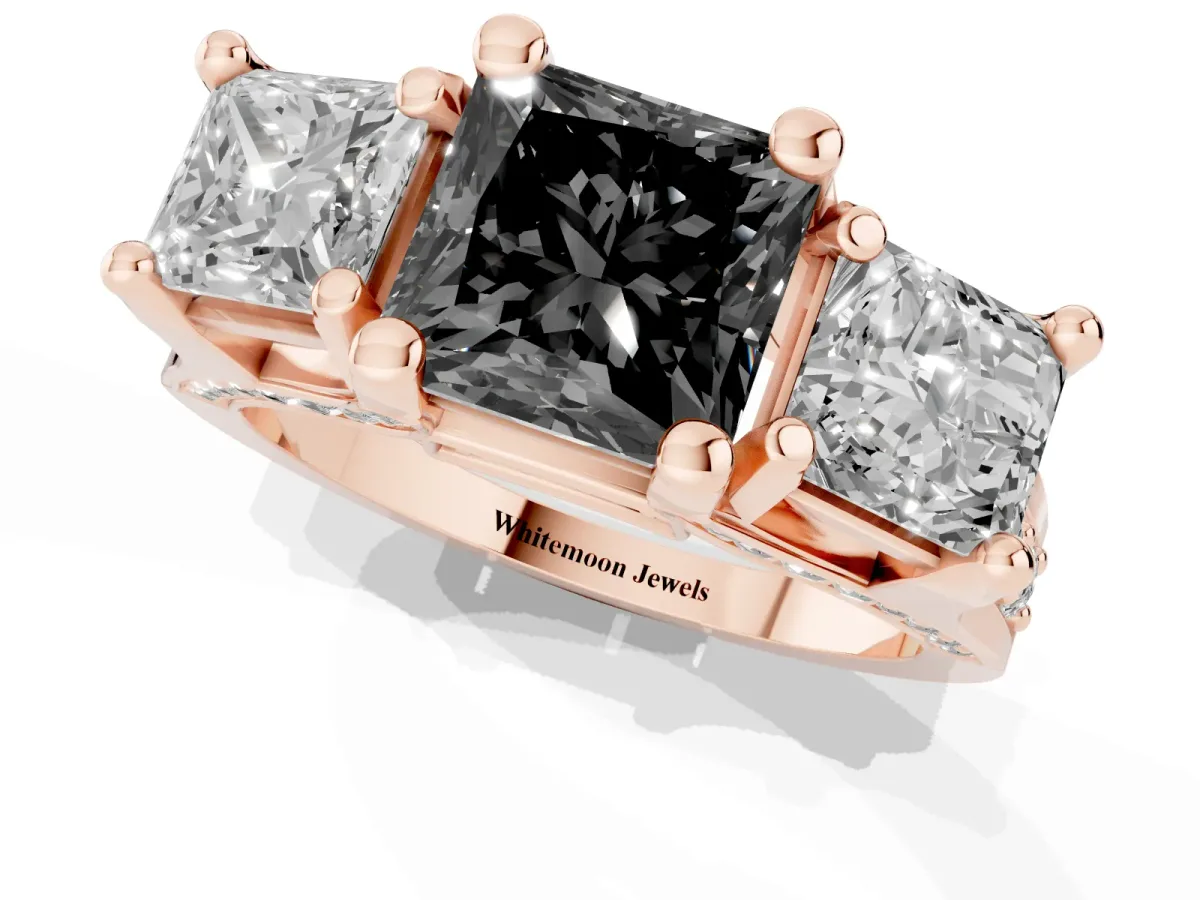 Fancy Black Princess Cut Diamond Three-Stone Ring with Channel Set Band and Four-Prong Setting Rose gold