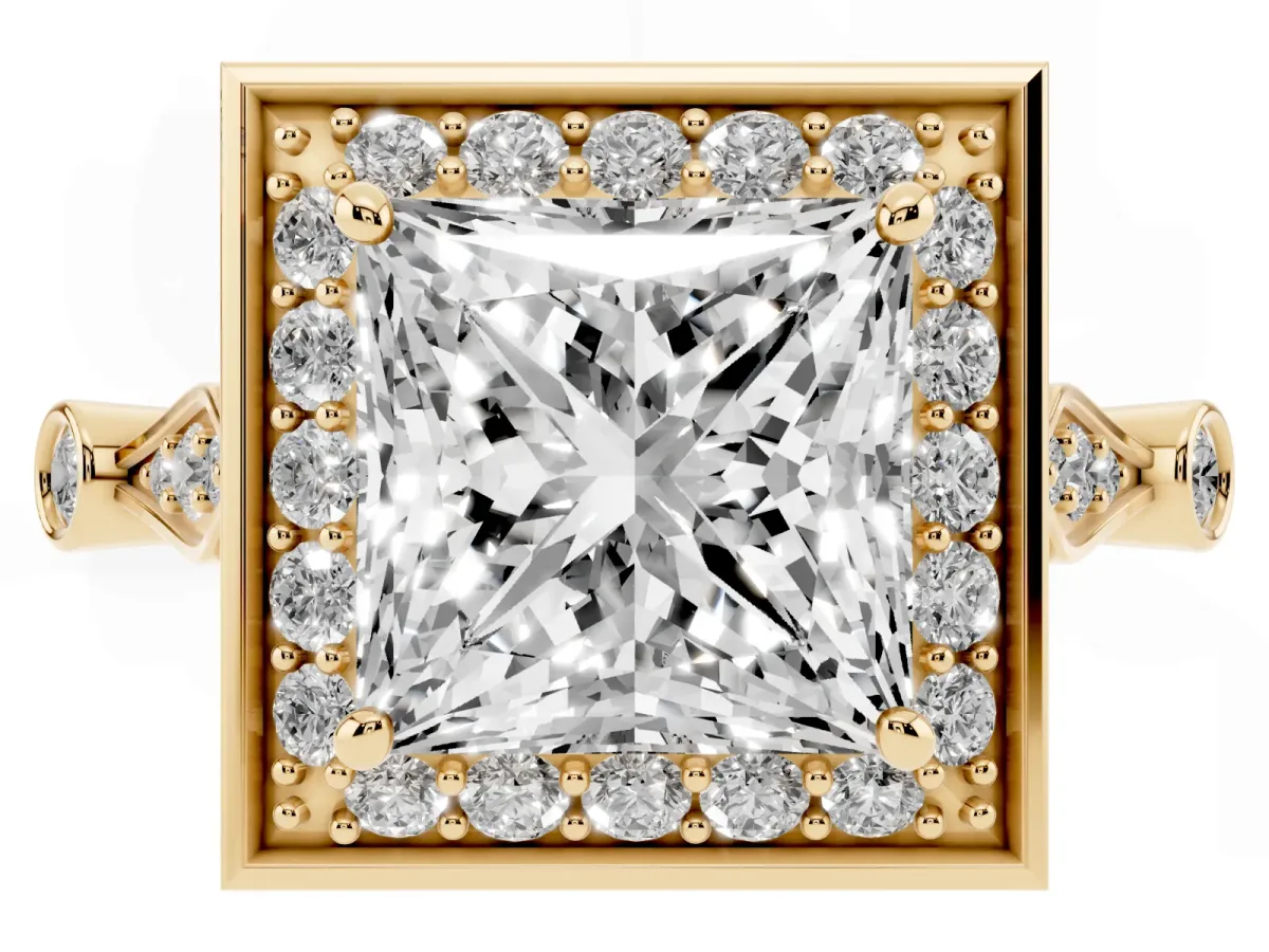 Princess Cut Halo Diamond Engagement Ring with Twisted Band and Four-Prong Setting Yellow gold