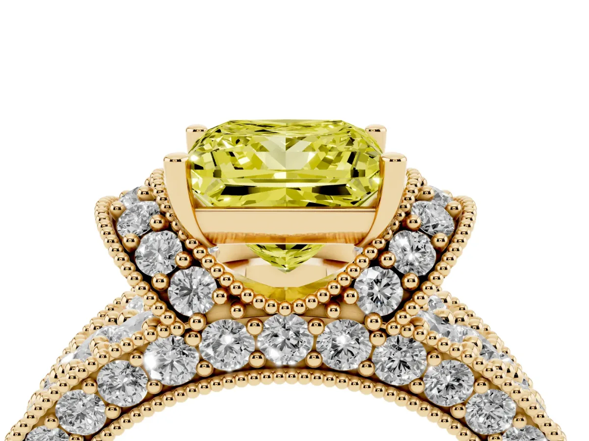 Fancy Yellow Princess Cut Halo Pave Diamond Engagement Ring with Milgrain Detailing Yellow gold