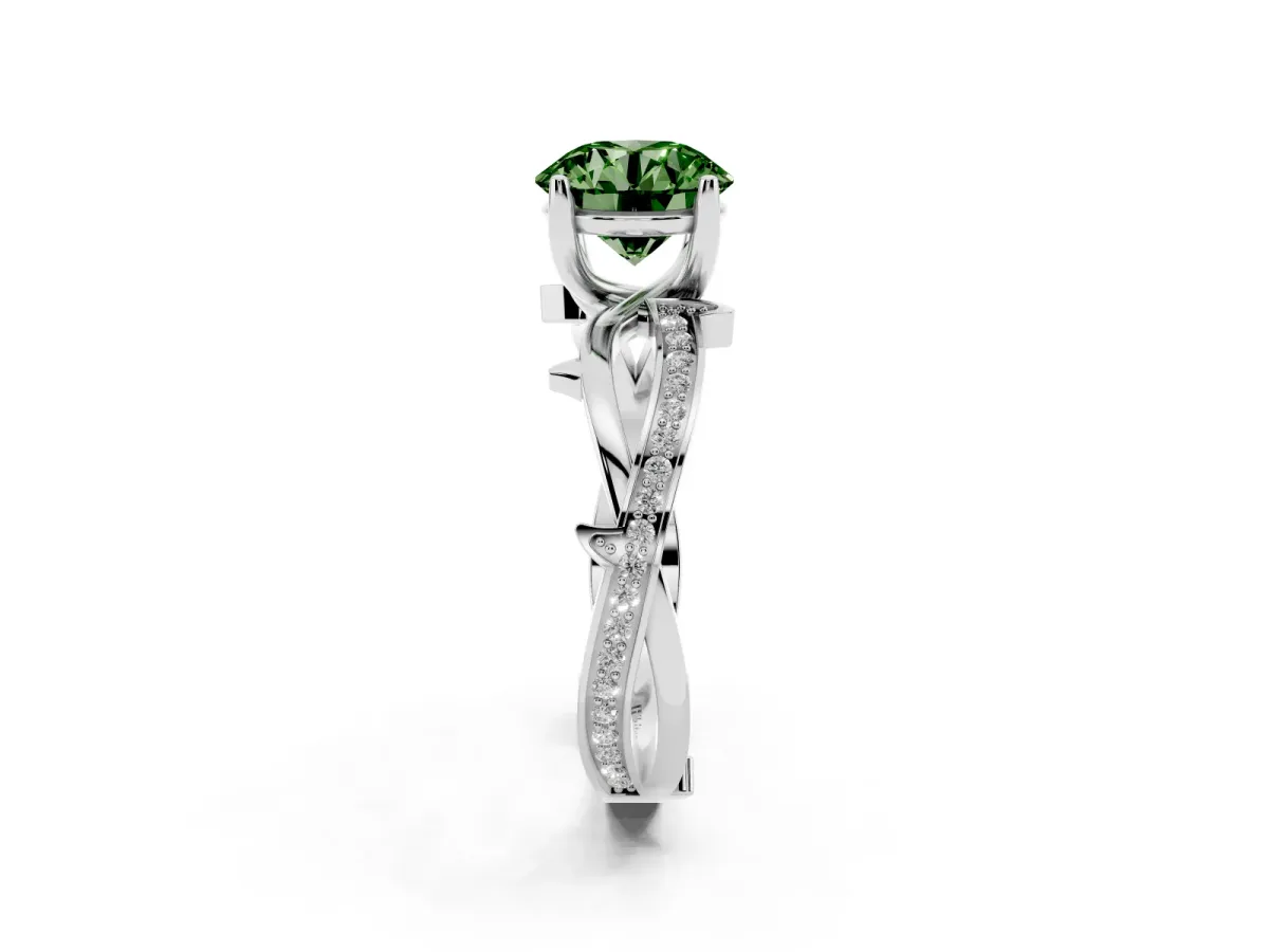 Fancy Green Round Cut Solitaire Twist Band with Pavé Accents and Four-Prong Setting White gold