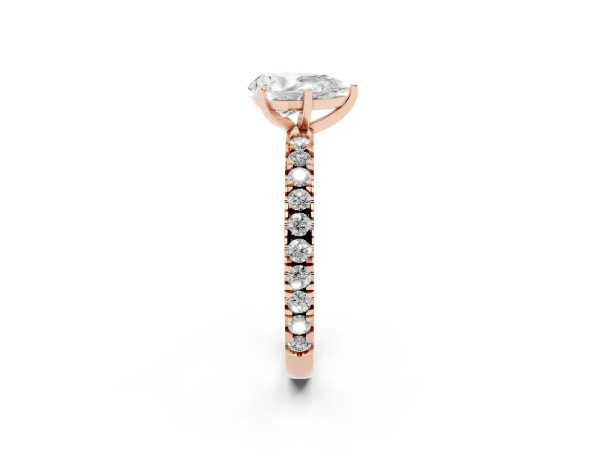 Pear Cut Diamond Pavé Band Solitaire with Four-Prong Setting Rose gold