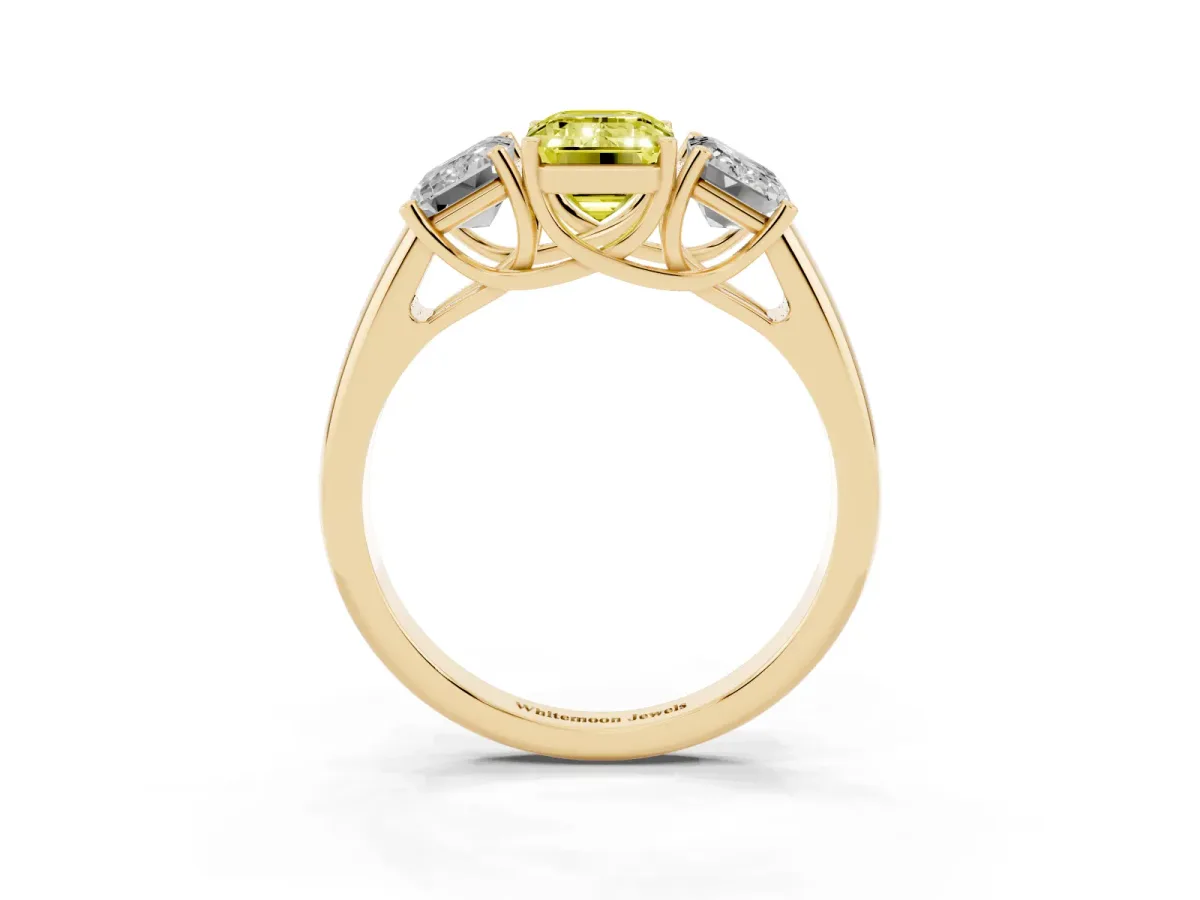 Fancy Yellow Three-Stone Emerald Cut Diamond Engagement Ring with Prong Setting Yellow gold