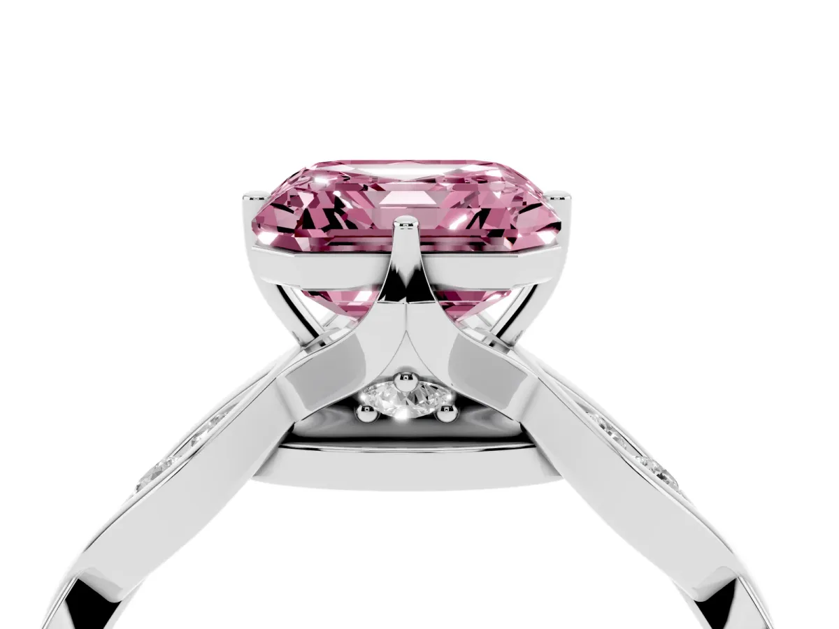 Fancy Pink Asscher Cut Solitaire Twist Band with Leaf Prong Setting Silver