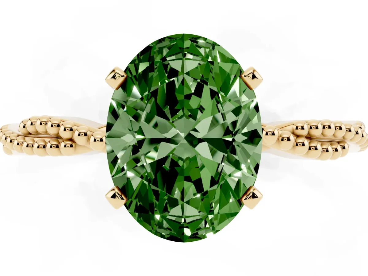 Fancy Green Oval Cut Solitaire Twisted Band with Bead Prong Setting Yellow gold