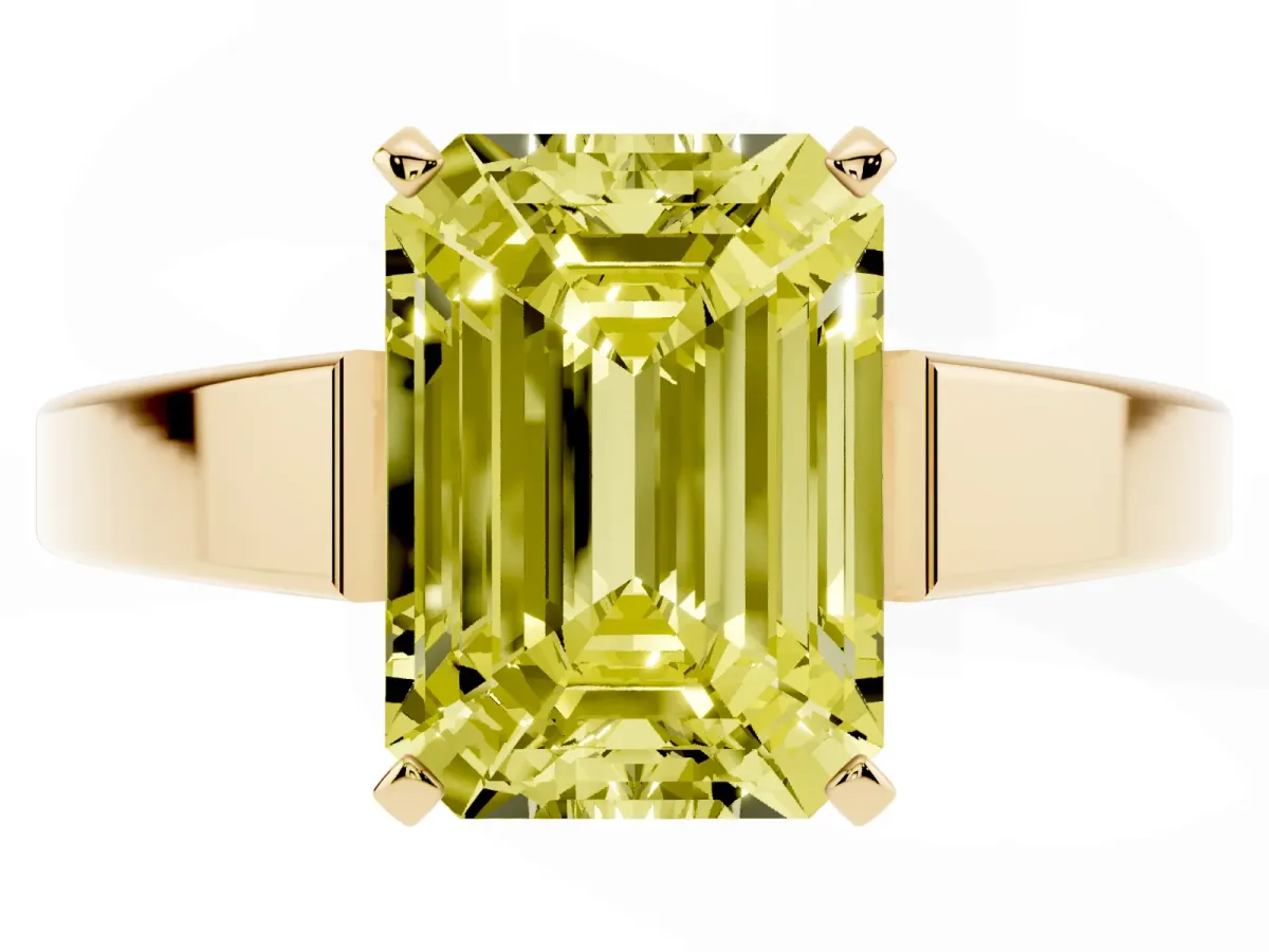 Fancy Yellow Emerald Cut Solitaire Engagement Ring with Four-Prong Setting and Tapered Band Yellow gold
