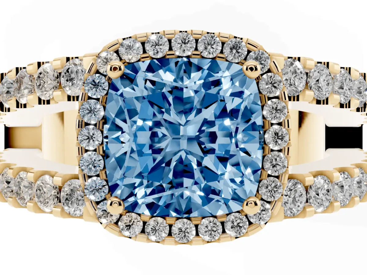 Fancy Blue Cushion Cut Cut Halo Split Shank Diamond Ring with Four-Prong Setting Yellow gold