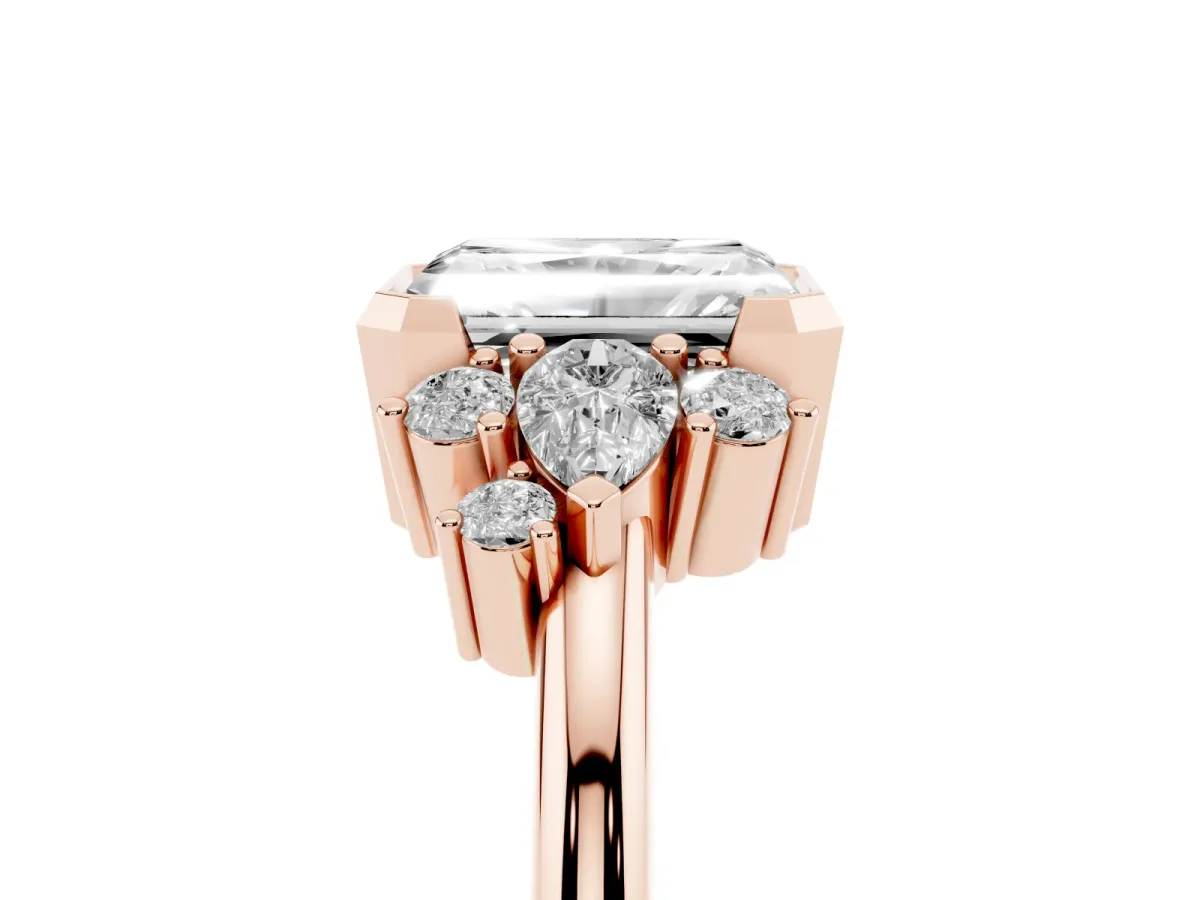 Radiant Diamond Engagement Ring with Pear and Round Side Stones Rose gold