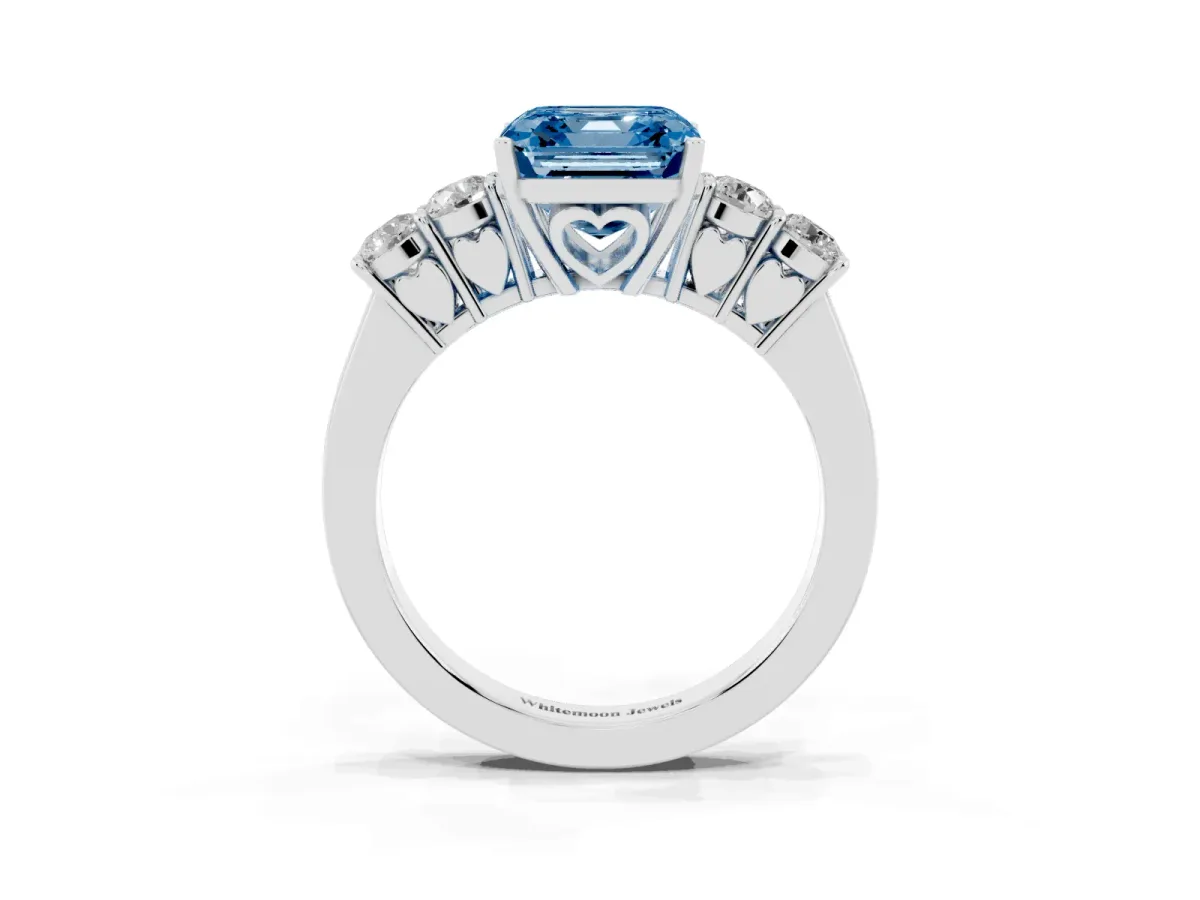 Fancy Blue Asscher Cut Cut Diamond Five-Stone Prong Set White Gold Ring Silver
