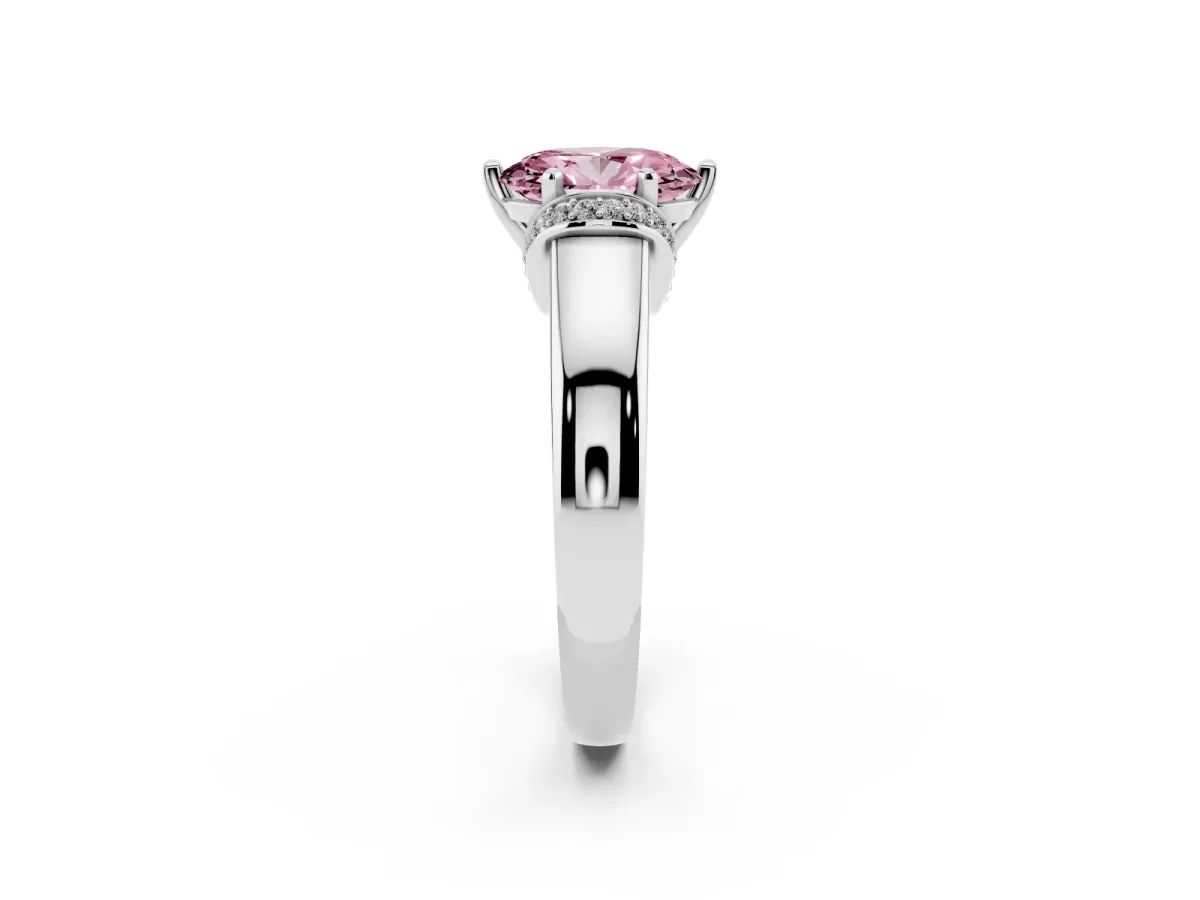 Fancy Pink Oval Cut Solitaire Diamond Ring with Pave Band and Six-Prong Setting Silver