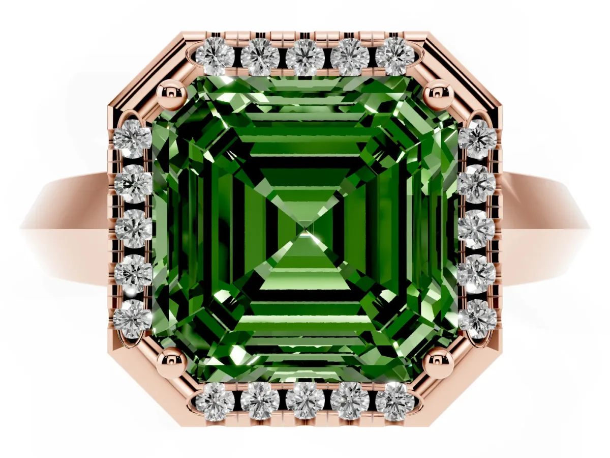 Fancy Green Asscher Cut Halo Diamond Ring with Cathedral Band and Four-Prong Setting Rose gold