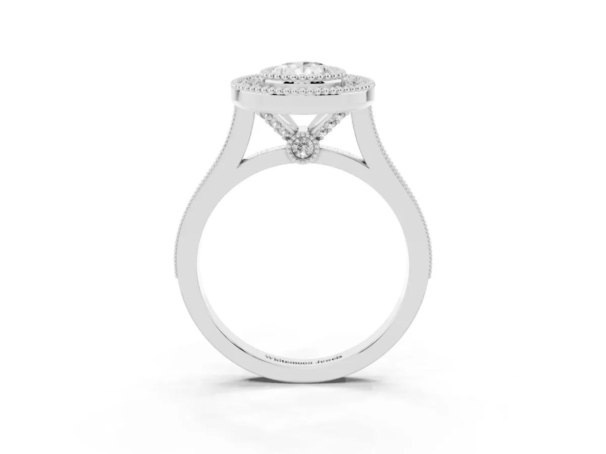 Pear Cut Diamond Halo Ring with Milgrain Frame and Pavé Band Silver