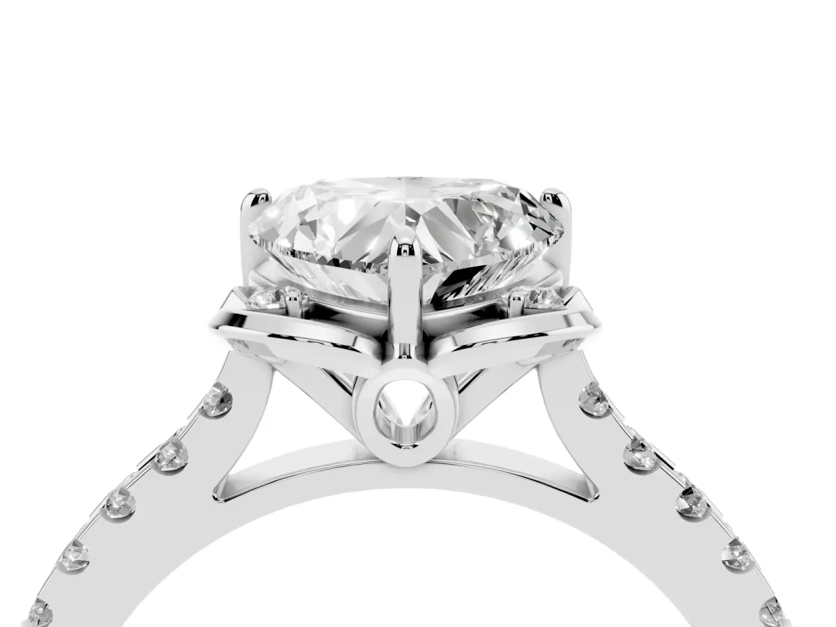 Heart Cut Diamond Ring with Pavé Band and Floral Prong Setting White gold