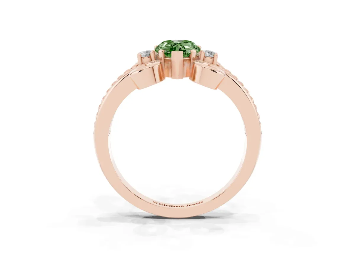Fancy Green Pear Cut Solitaire Twisted Band Scroll Prong Ring Rose gold