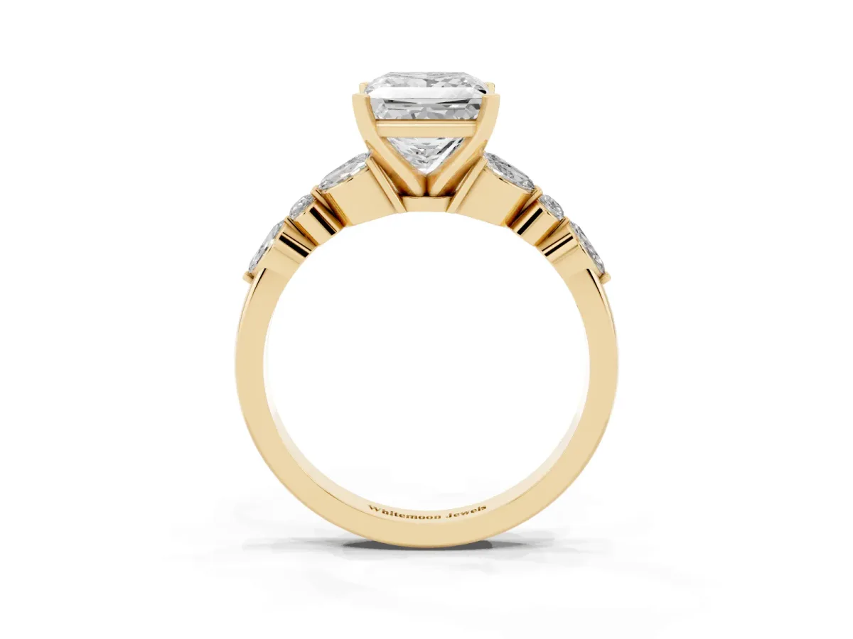 Princess Cut Diamond Solitaire Ring with Side Stones and Four-Prong Setting Yellow gold