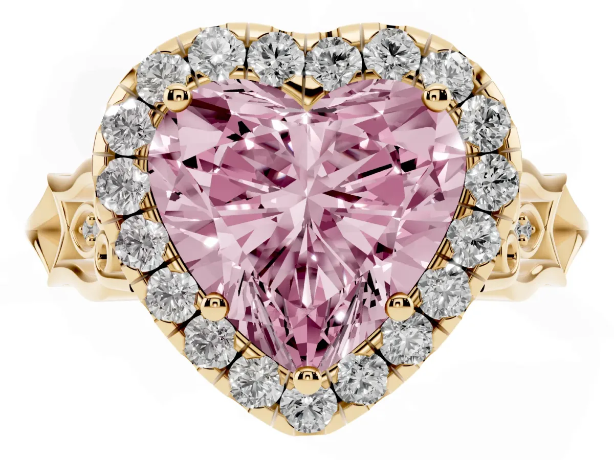 Fancy Pink Heart Cut Halo Diamond Engagement Ring with Filigree Band and Four-Prong Setting Yellow gold