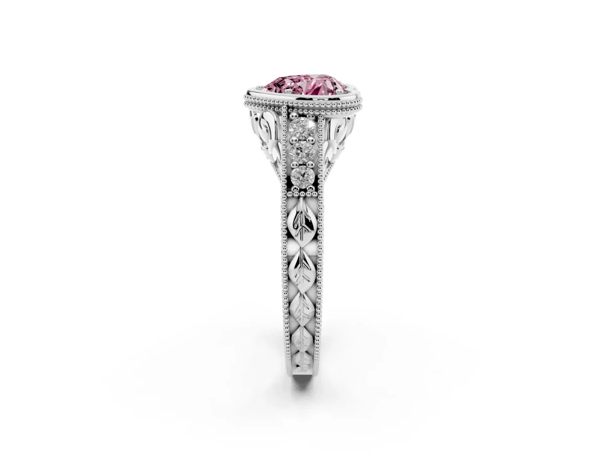 Fancy Pink Bezel Set Heart Cut Diamond Milgrain Pave Engagement Ring Silver