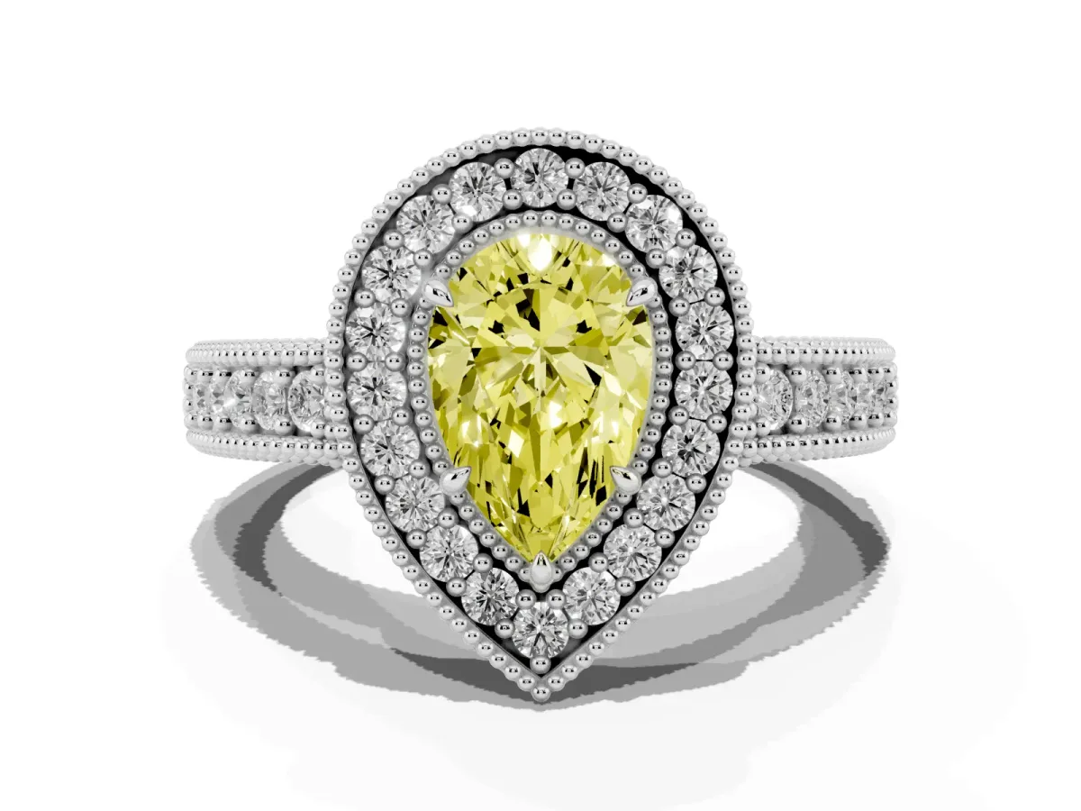 Fancy Yellow Pear Cut Cut Halo Diamond Ring with Pavé Band and Four-Prong Setting White gold