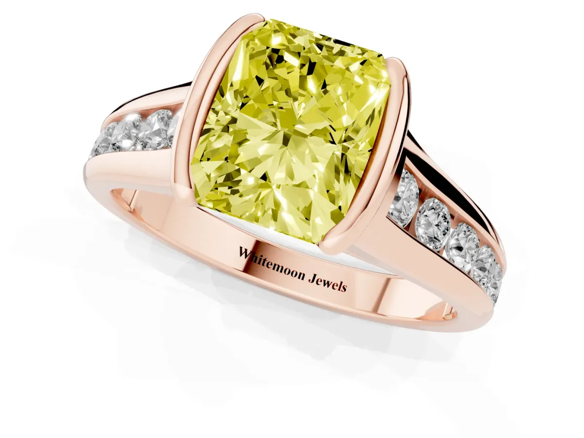 Fancy Yellow Radiant Cut Solitaire Bezel-Set Diamond Ring with Channel-Set Band Rose gold