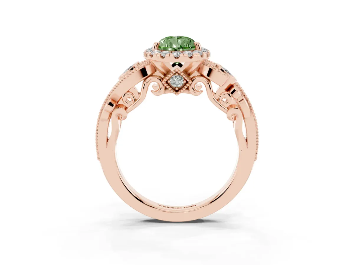 Fancy Green Pear Cut Diamond Halo Ring with Milgrain Pavé Band and Four-Prong Setting Rose gold