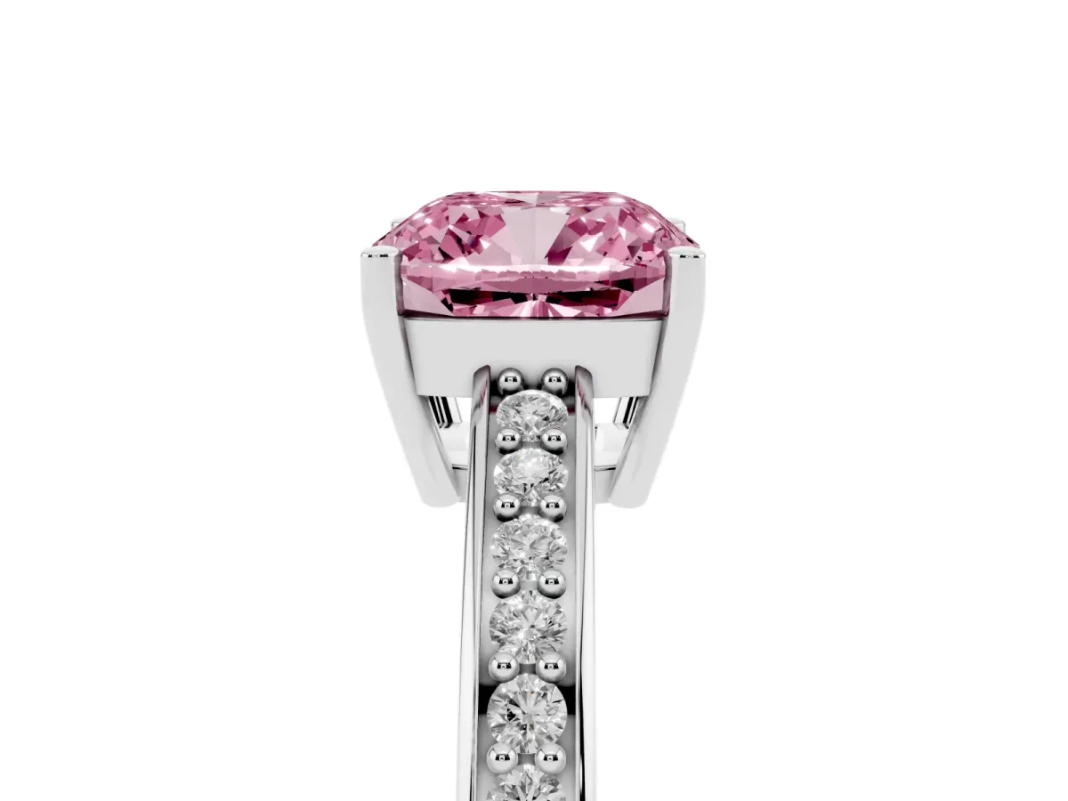 Fancy Pink Cushion Cut Solitaire Pavé Band Prong Setting Ring Silver