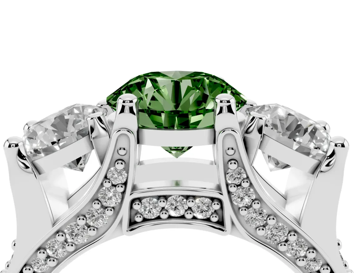 Fancy Green Round Cut Diamond Three-Stone Ring with Channel Set Band and Four-Prong Setting Silver