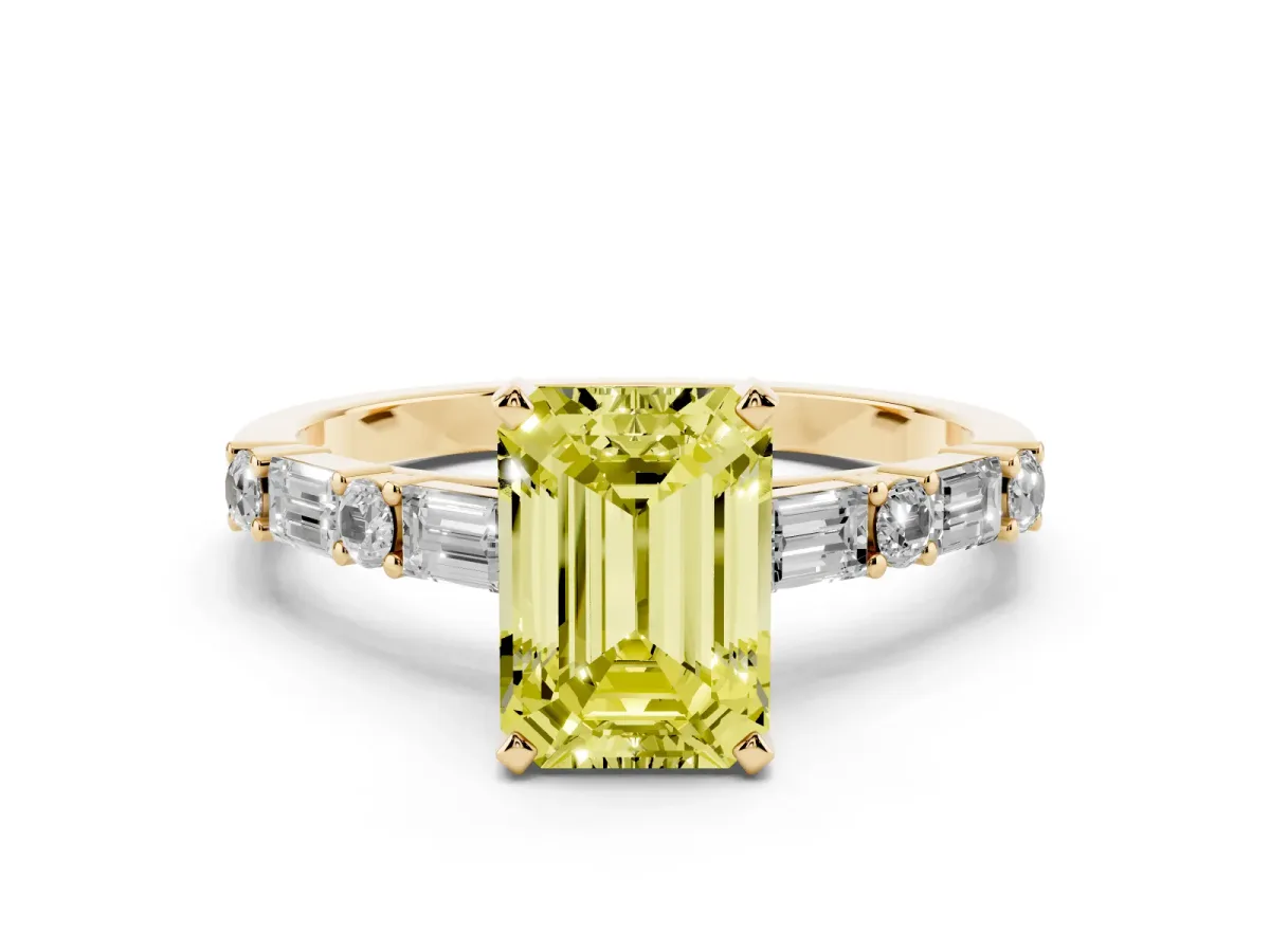 Fancy Yellow Emerald Cut Diamond Solitaire with Side Baguettes and Channel Set Band Yellow gold