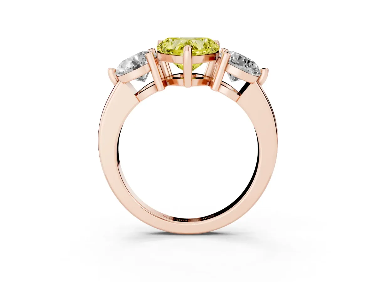 Fancy Yellow Three-Stone Heart Cut Brilliant Cut Solitaire Ring with Prong Setting on a Classic Band Rose gold
