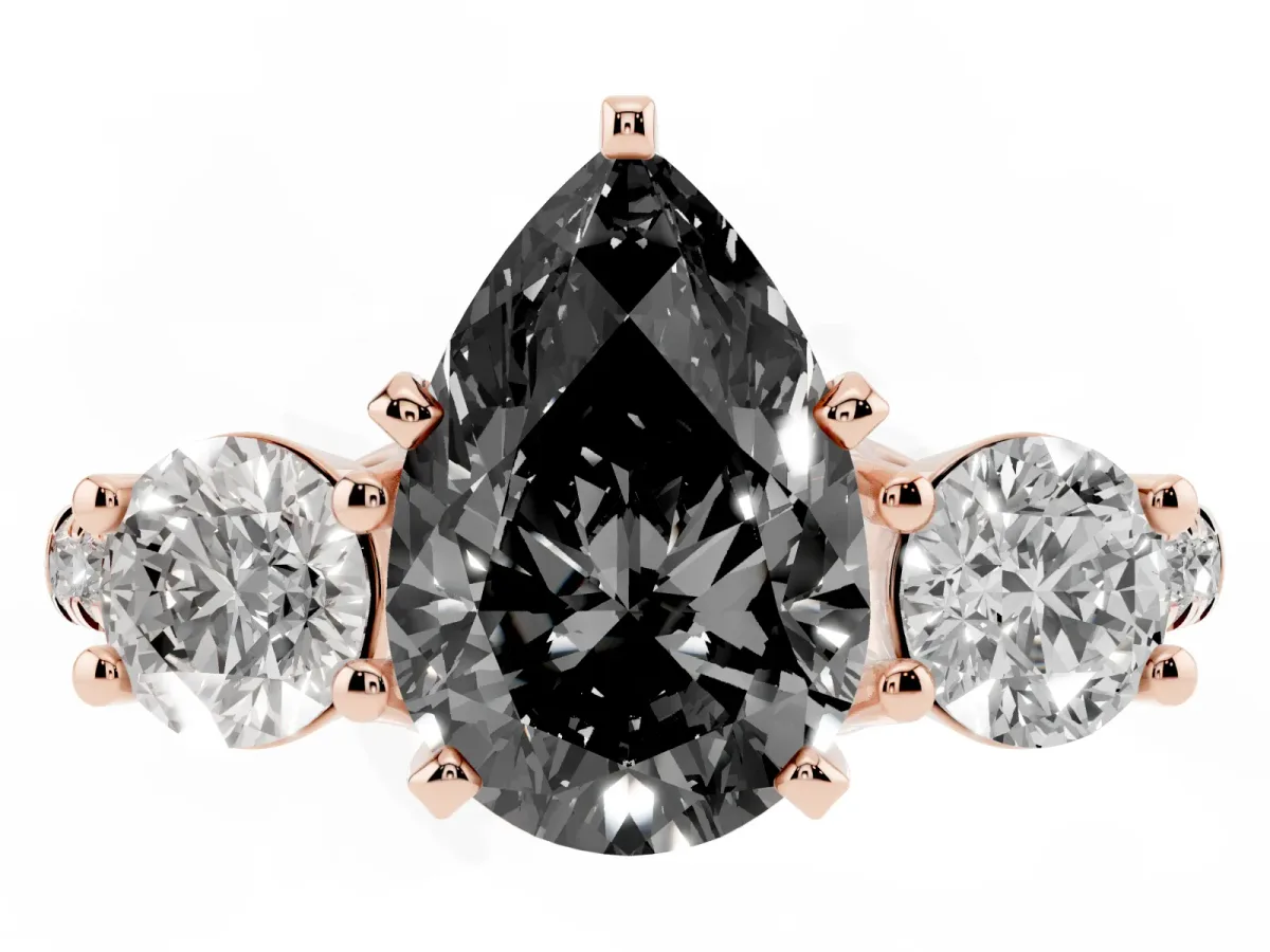 Fancy Black Three-Stone Pear Cut Diamond Pavé Band with Four-Prong Setting Rose gold