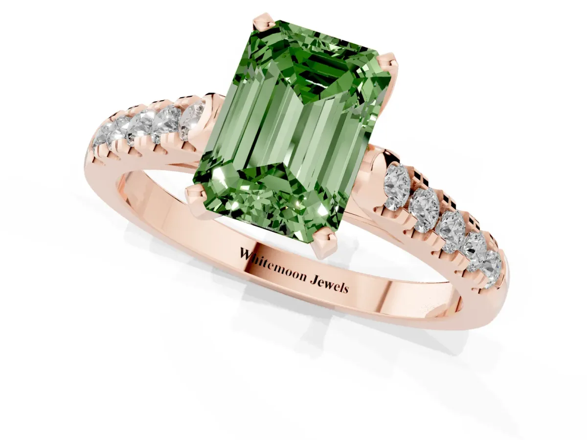 Fancy Green Emerald Cut Diamond Pavé Band Solitaire Ring with Prong Setting Rose gold