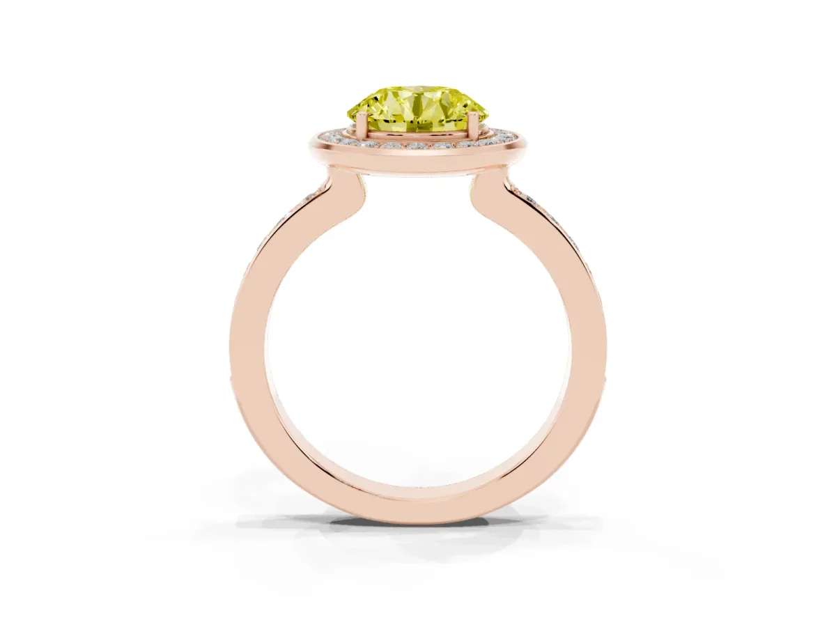 Fancy Yellow Round Cut Diamond Halo Ring with Bezel Frame and Pavé Band Rose gold