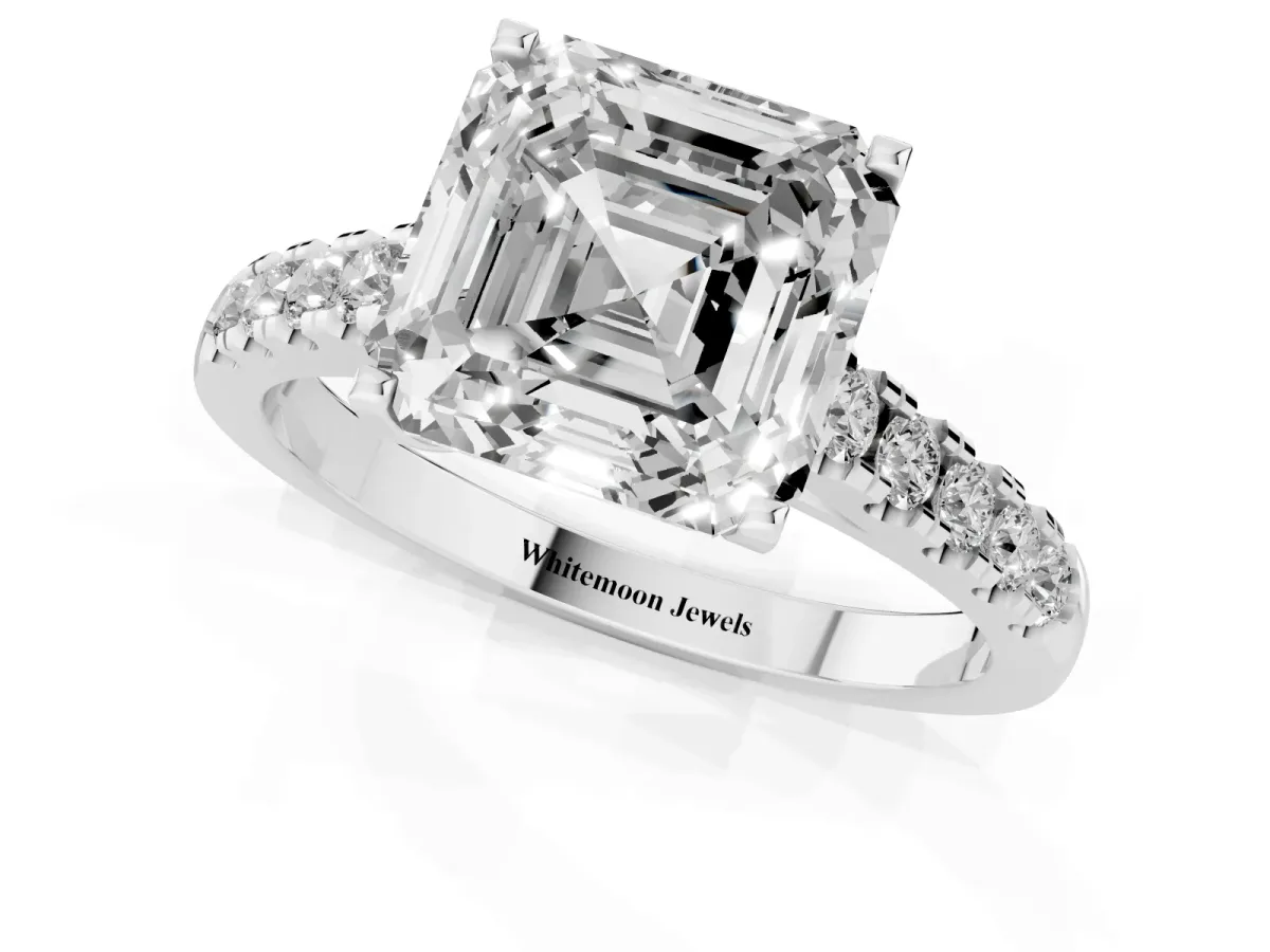 Asscher Cut Diamond Pavé Band Solitaire Ring with Prong Setting Silver