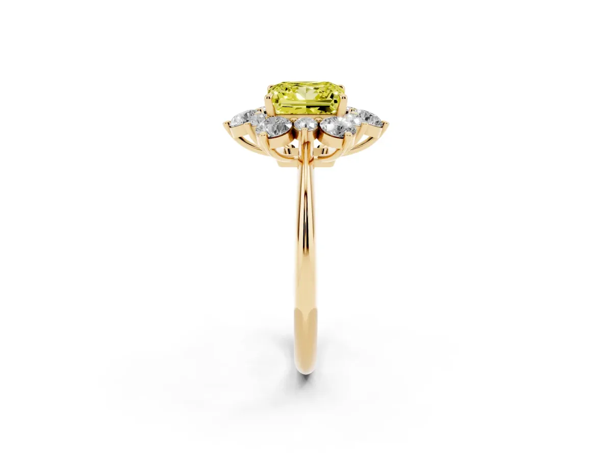 Fancy Yellow Princess Cut Diamond Cluster Halo Ring with Solitaire Band and Four-Prong Setting Yellow gold