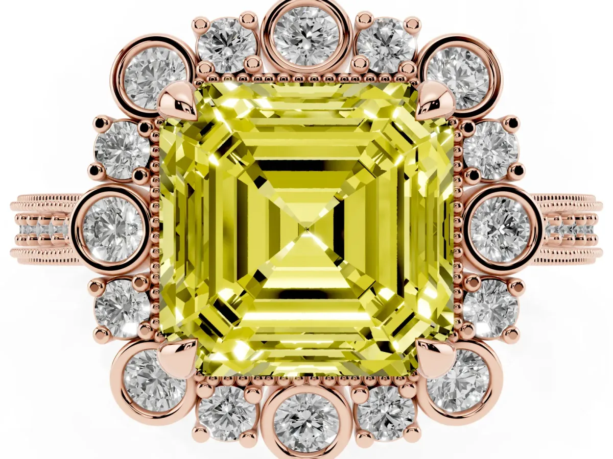Fancy Yellow Asscher Cut Halo Milgrain Pave Diamond Ring with Four-Prong Setting Rose gold