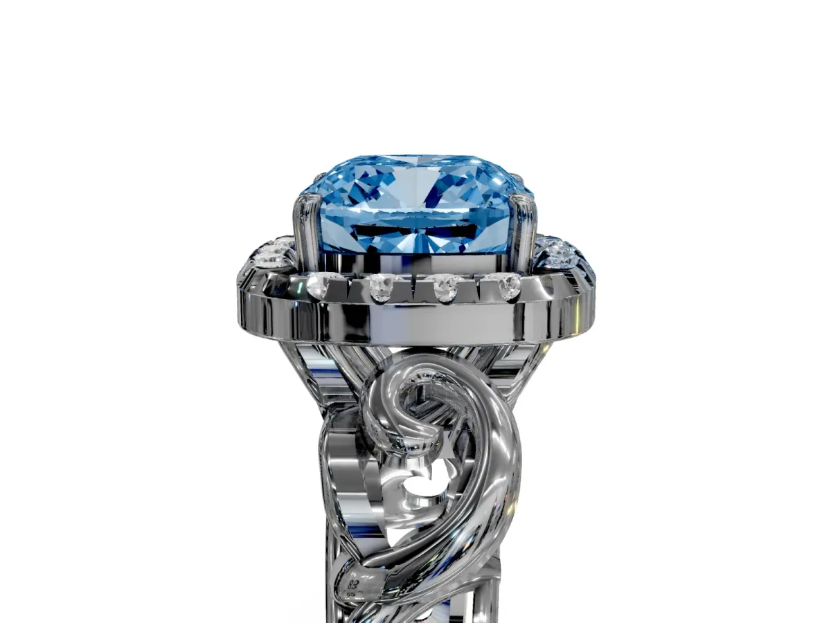 Fancy Blue Cushion Cut Cut Halo Diamond Ring with Scrollwork Band and Four-Prong Setting Silver