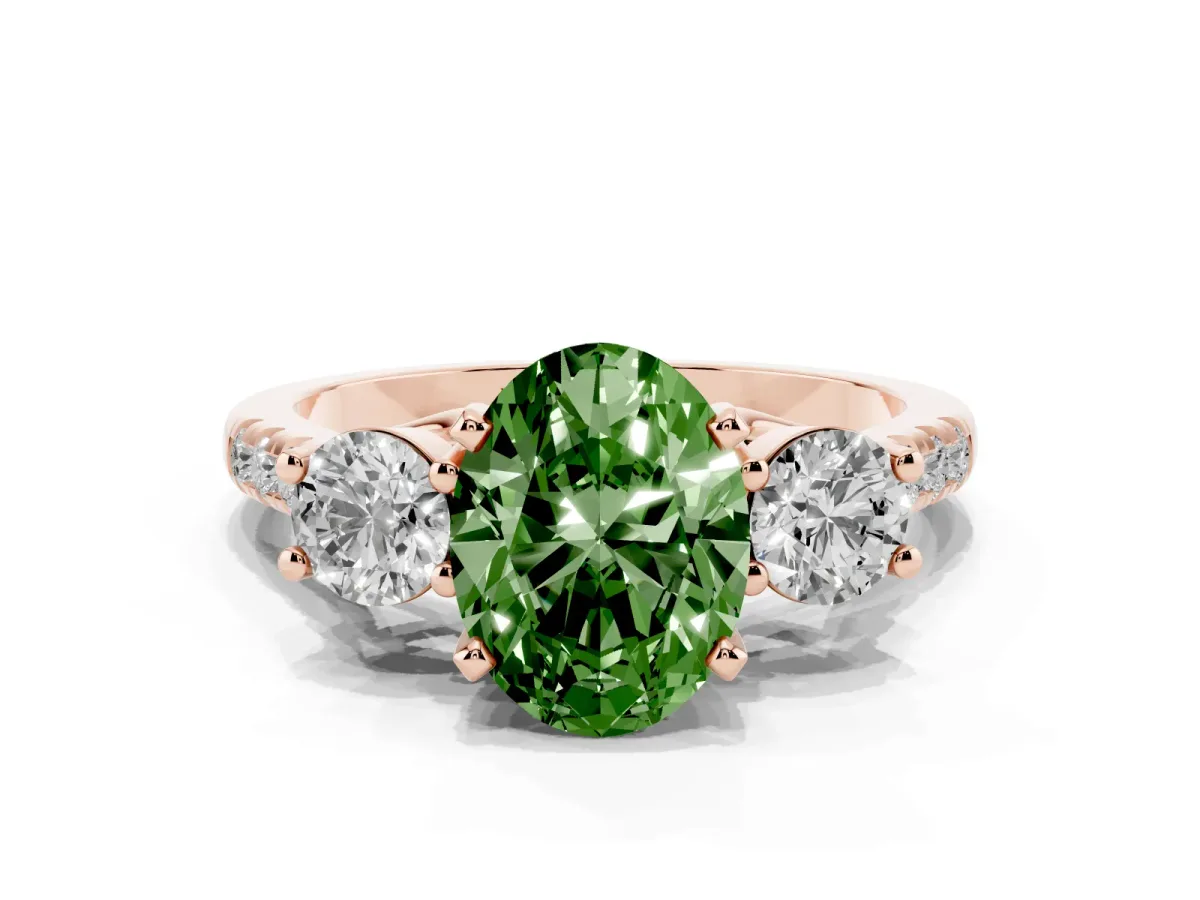 Fancy Green Three-Stone Oval Cut Diamond Pavé Band with Four-Prong Setting Rose gold