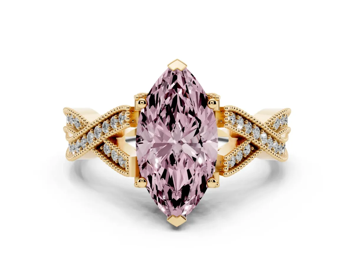 Fancy Pink Marquise Cut Cut Diamond Twisted Band with Milgrain Pave Setting and Four-Prong Setting Yellow gold