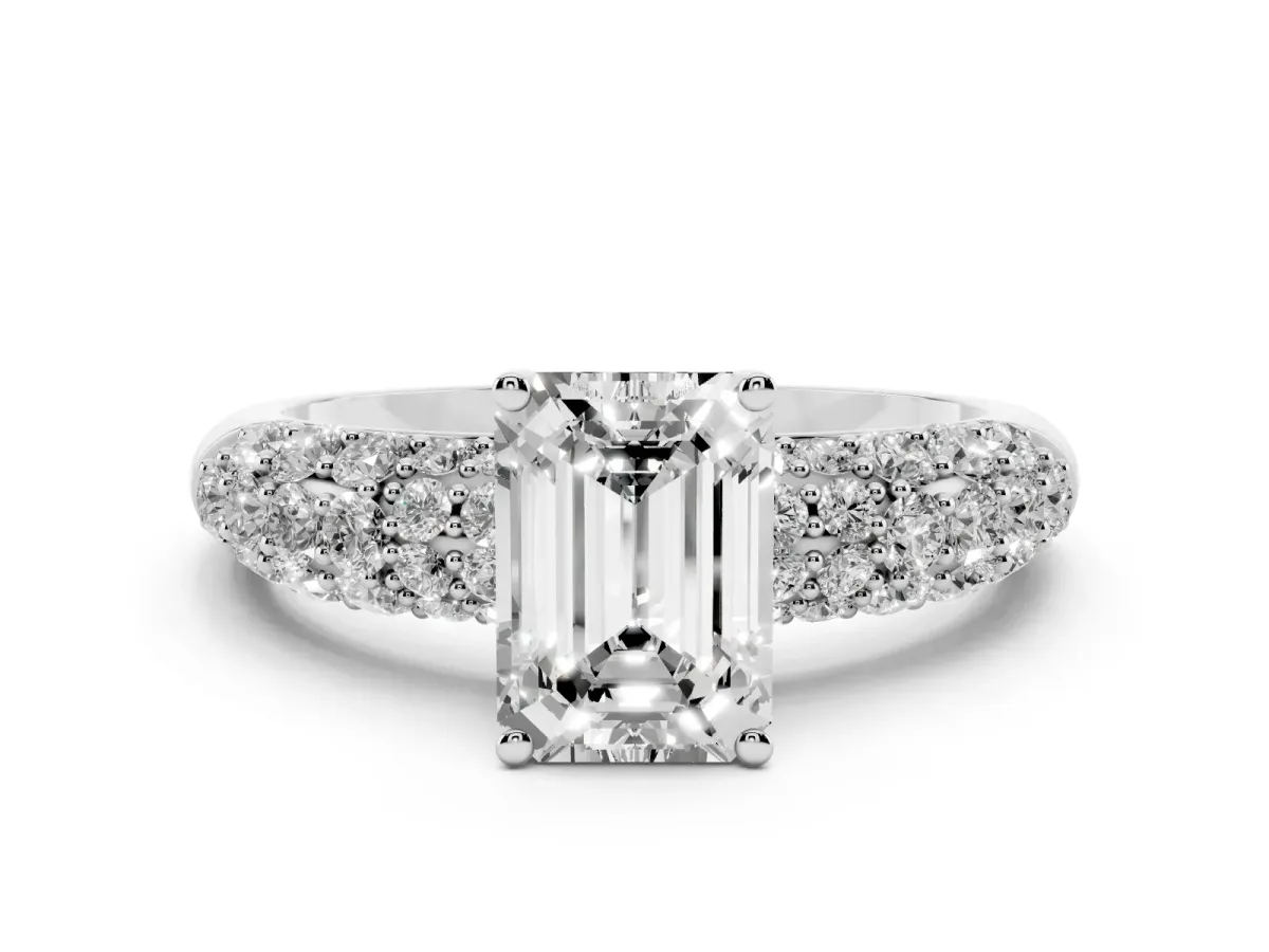 Emerald Cut Diamond Pavé Band Solitaire Ring with Four-Prong Setting Silver
