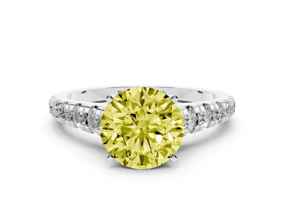 Fancy Yellow Round Cut Diamond Cathedral Solitaire Ring with Round Pavé Band Silver