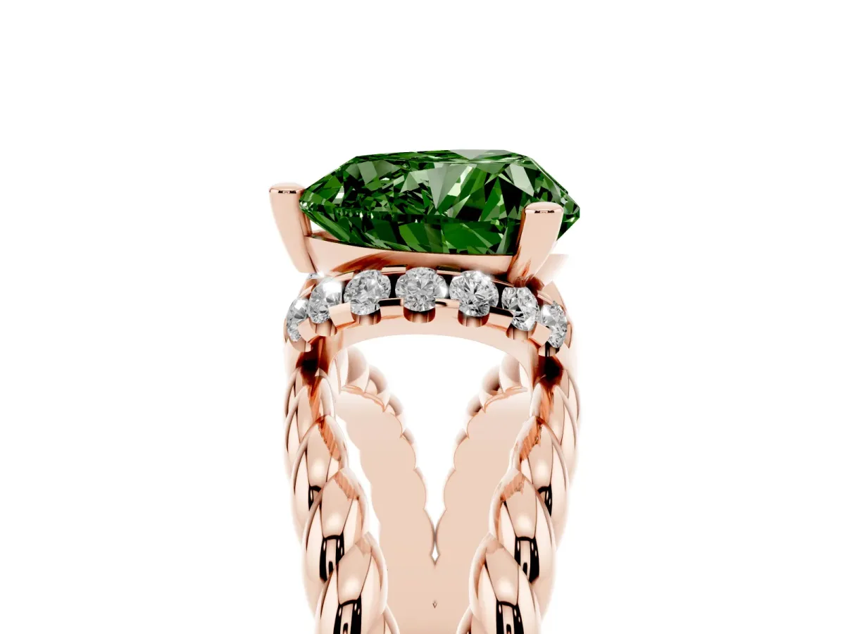 Fancy Green Heart Cut Halo Twisted Band Four-Prong Ring Rose gold