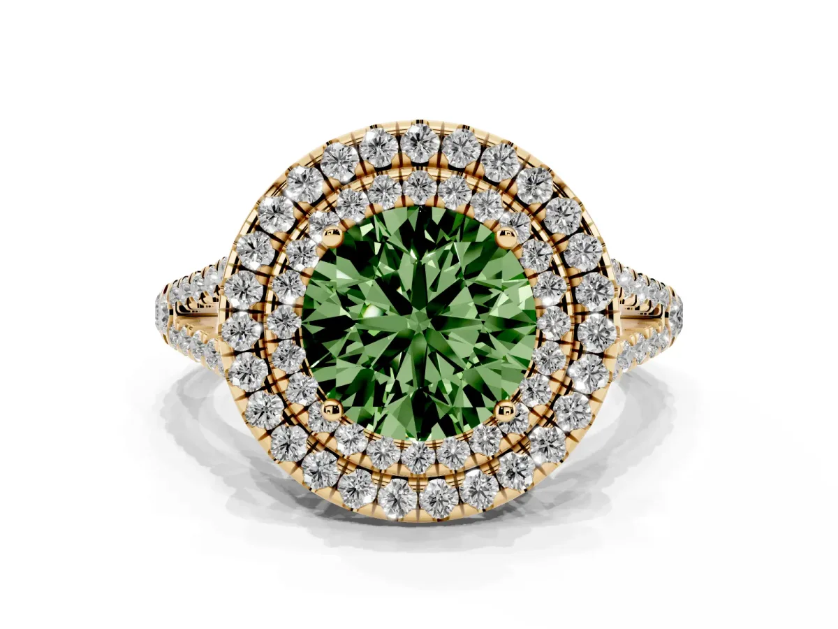 Fancy Green Round Cut Diamond Double Halo Ring with Pavé Band and Prong Setting Yellow gold