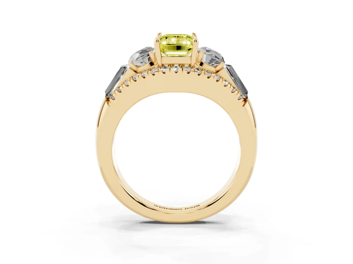 Fancy Yellow Three-Stone Emerald Cut Diamond Engagement Ring with Pave Band and Prong Setting Yellow gold